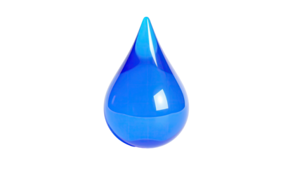 A shiny, translucent, blue water droplet against a stark black background