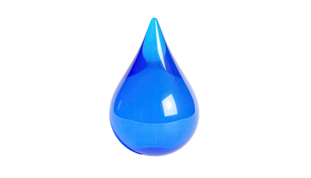 A shiny, translucent, blue water droplet against a stark black background