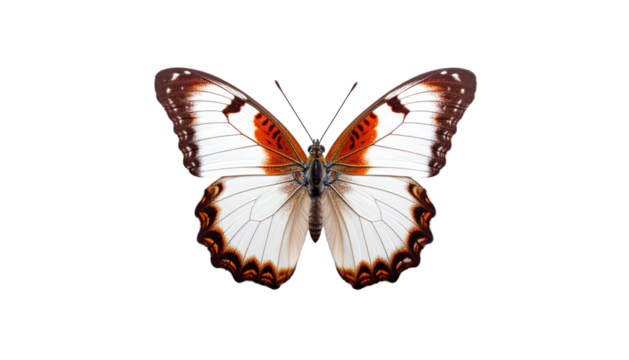 A stunning, symmetrical butterfly with white wings, orange & brown markings