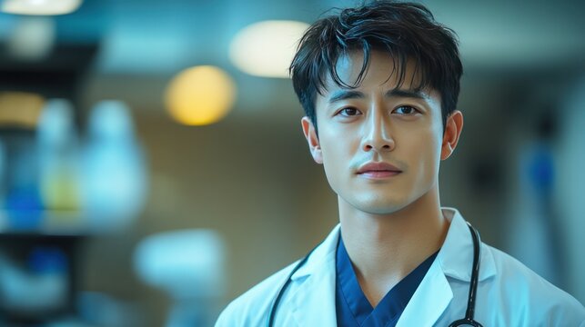 Portrait of a Dedicated Professional: A focused man of asian descent is captured in a half-length portrait wearing professional attire. Capturing the essence of expertise and compassion.