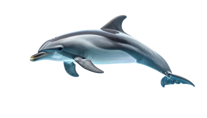 A streamlined dolphin leaps through water, showing the details of its skin