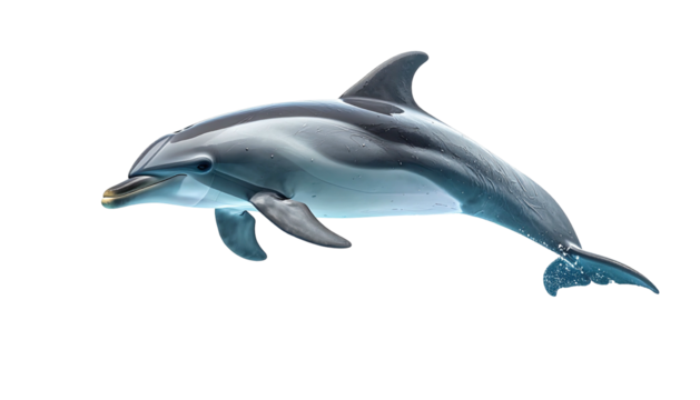 A streamlined dolphin leaps through water, showing the details of its skin