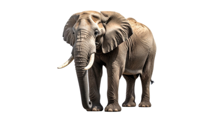 Majestic African elephant isolated on a transparent background, standing proudly