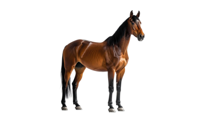 A majestic bay horse, black mane and legs, stands in a studio with a black background