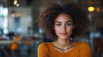 Serene Look: A close-up shot of a confident and beautiful woman. Her warm gaze is inviting, with a subtle smile. She exudes a sense of peace and self-assurance.