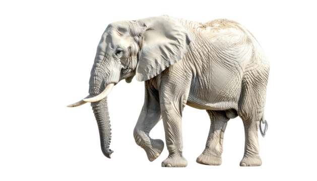 A majestic ivory-skinned elephant strides forward with its trunk held low