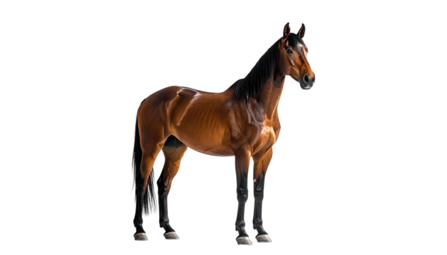 A majestic bay horse, black mane and legs, stands in a studio with a black background