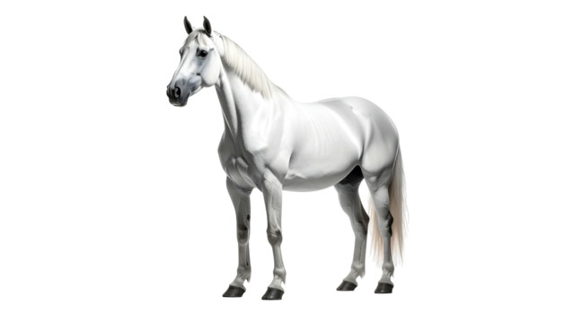 Elegant white horse with flowing mane and tail, standing in a poised stance