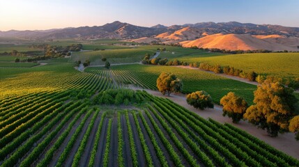 Fototapeta premium Lush Vineyard Landscape Under Golden Sunset with Rolling Hills and Majestic Mountains in the Distance, Capturing Nature's Beauty and Serenity