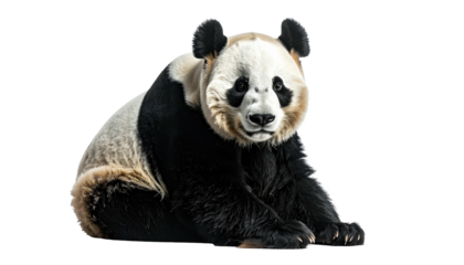 A Giant Panda, black and white fur, sitting with a focused gaze, isolated on black