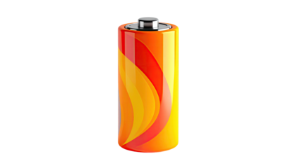 Cylindrical battery with a vibrant flame design, standing against a black backdrop