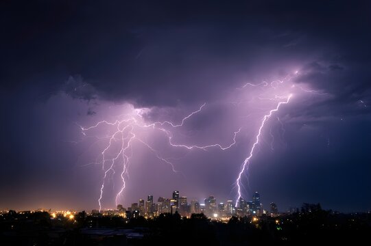 Multiple Lightning Bolts Branching Through Storm Clouds Above for Powerful Natural Weather Phenomenon Display