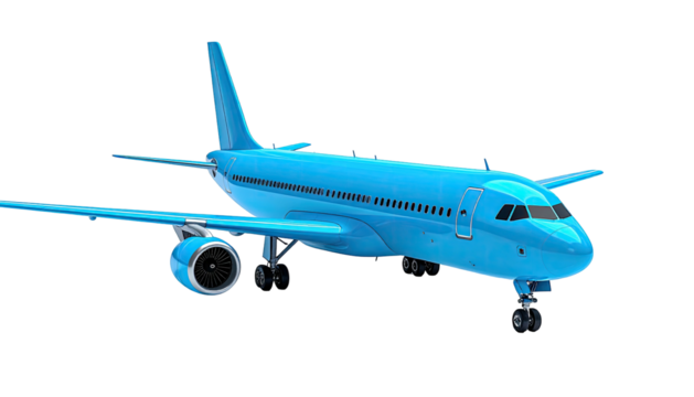 Bright blue jet airliner with landing gear deployed, on a dark background
