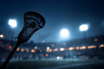 Lacrosse Stick Silhouette Against Stadium Floodlights for Athletic Sports Equipment and Game Night Photography