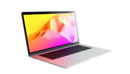 Silver laptop open displaying a vibrant, abstract, colorful, flowing screen