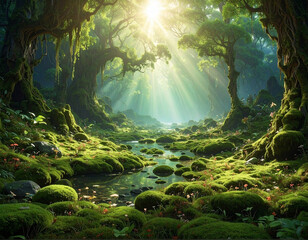 Obraz premium Mysterious Sunlit Jungle with Moss and Lush Greenery