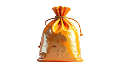 A stylized orange money bag with a dollar sign, on a transparent background
