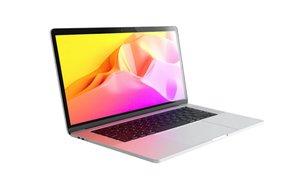 Silver laptop open displaying a vibrant, abstract, colorful, flowing screen