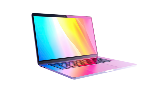 Open laptop with vibrant, abstract gradient display against a black background