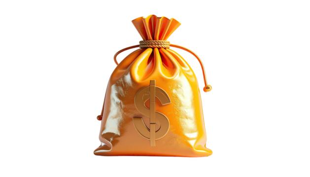A stylized orange money bag with a dollar sign, on a transparent background