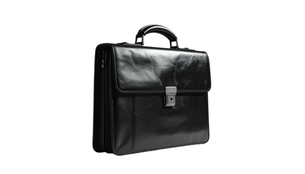 Glossy black leather briefcase, handle up, isolated on a black background