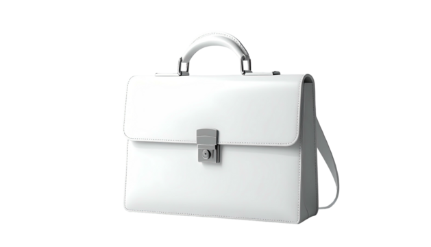 Sleek, white, rectangular briefcase with handle, clasp, and strap against black background