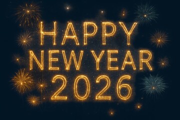 Sparkling golden "Happy New Year 2026" text illuminated by vibrant fireworks, celebrating new beginnings with festive joy and excitement.