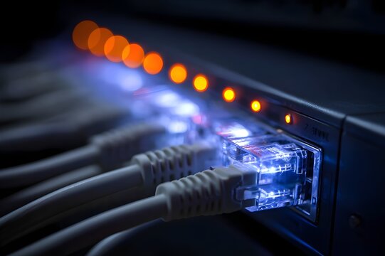 Ethernet Cables Plugged Into Switch with LED Indicators Blinking for Network Infrastructure and Data Communication
