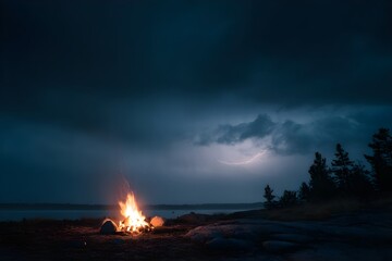 Obraz premium Campfire Glowing Beneath Storm Clouds with Distant Lightning for Dramatic Outdoor Adventure Camping Scene