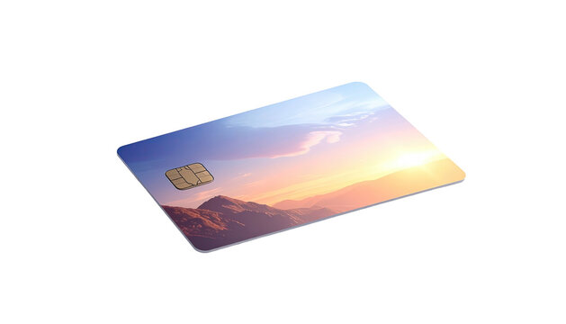A credit card with a scenic sunset landscape and embedded microchip