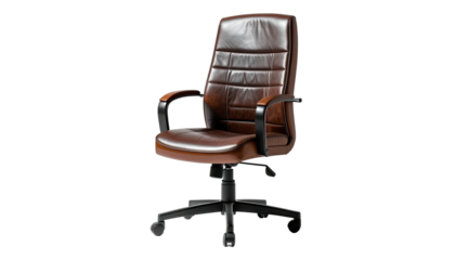 Brown leather office chair with armrests against a black background