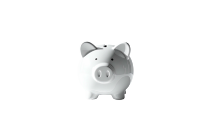 Isolated, shiny white ceramic piggy bank against a stark black background