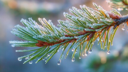 Frost-covered pine branch sparkling in the morning light during winter season