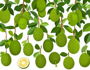 Close-up illustration featuring branches laden with green fruit