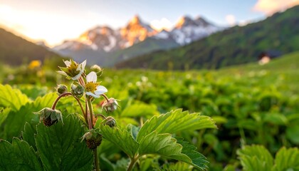 Close-up of a blooming plant with a mountainous backdrop at sunset