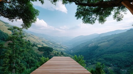 Fototapeta premium Scenic Overlook of Lush Green Valley from Wooden Deck Surrounded by Natural Beauty and Tranquil Atmosphere for Nature Enthusiasts and Travelers