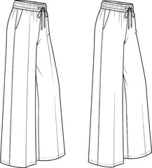 Wide leg pants technical fashion flat sketch, vector illustration, casual women trousers design, elastic waist, drawstring, detailed CAD drawing