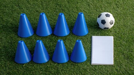 Fototapeta premium Blue training cones arranged in a grid with a soccer ball and a blank notebook on a green grass field for sports training concepts and practices