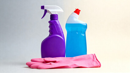 Cleaning products and gloves on surface