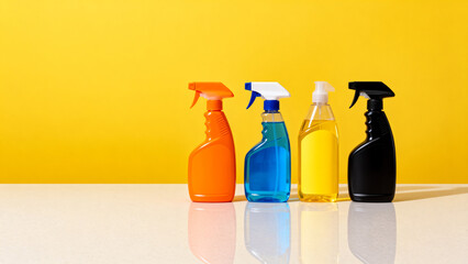 Cleaning bottles on yellow background