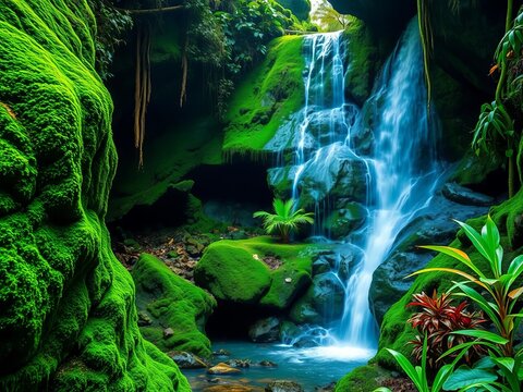 A cascading waterfall surrounded by vibrant green mossy rocks and tropical plants in a hidden grotto ,  motion,  hidden