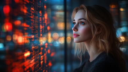 City Dreamer's Gaze: A captivating portrait of a young woman gazing out a large window into the city lights. This image encapsulates introspection and urban contemplation.