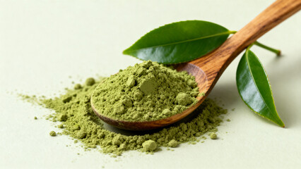 Green tea powder on wooden spoon with leaves