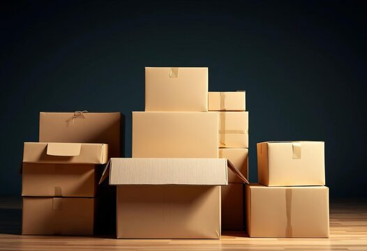 A neatly stacked pile of cardboard boxes, various sizes,  relocation,  carton