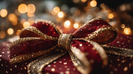 Elegant red gift box with a shiny gold bow ready for holiday celebrations and festive giving in a warm glow