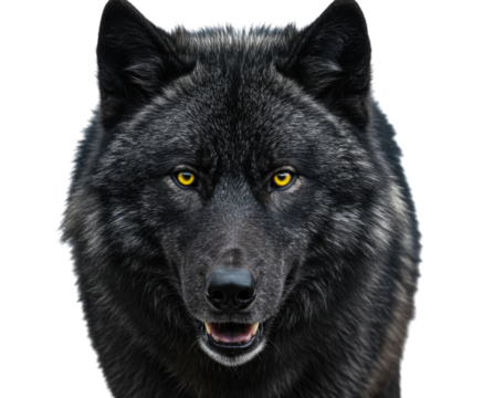 Close up of a black wolf s face with piercing yellow eyes transparent background cutout png
