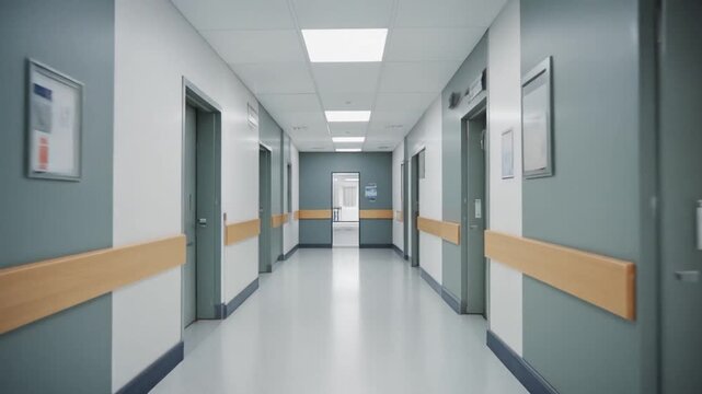 Hospital Corridor: A bright and clean hospital corridor with doors, elevators, and framed artwork create a sense of tranquility, and professional environment.