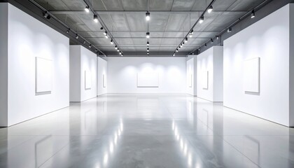 Serene exhibition space interior featuring sleek concrete floor and white walls