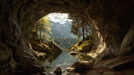 Cave entrance overlooking serene landscape with lake and mountains