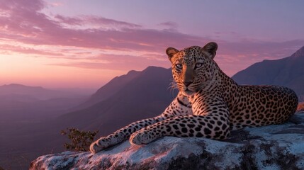 Obraz premium Leopard resting on a rock with mountains and sunset sky background
